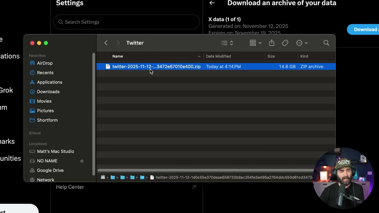 Screen showing the tweets.js file structure and content