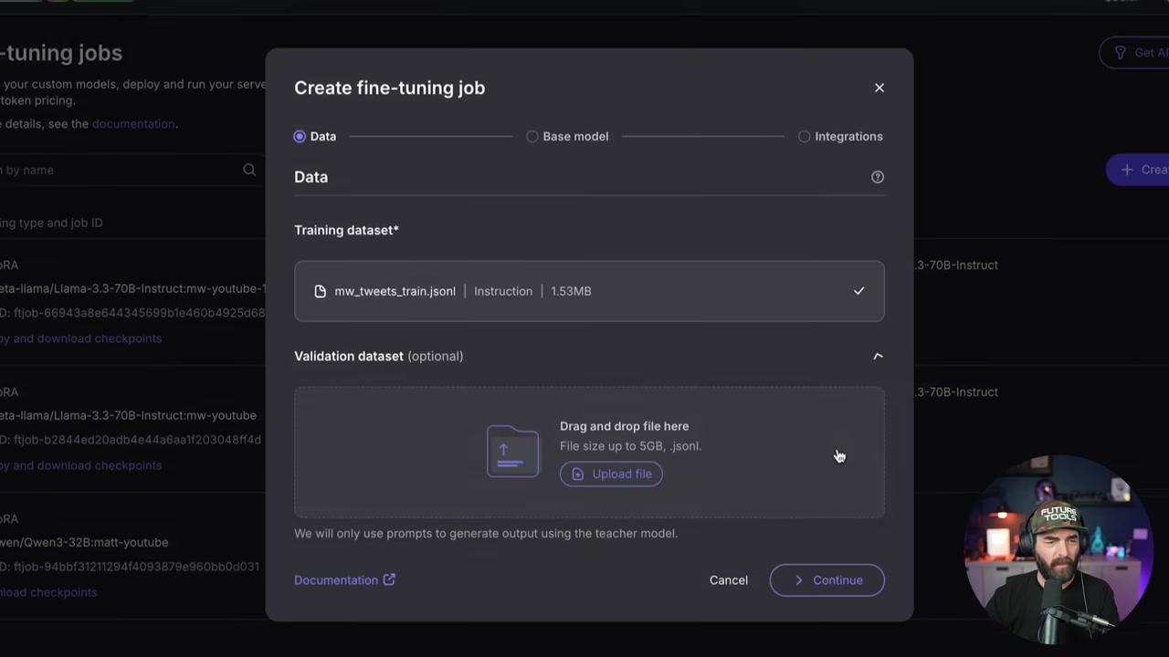 Nebius fine-tuning interface showing training type and model selection options