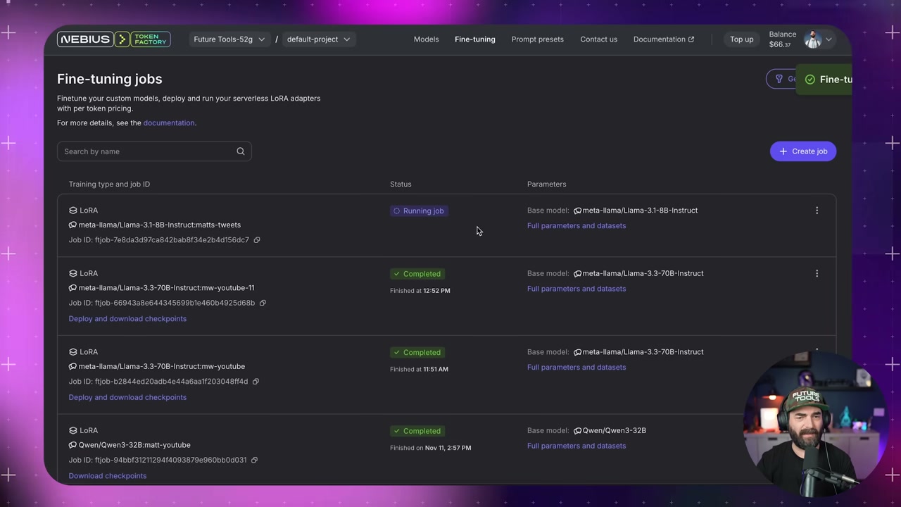 Training dashboard showing job progress, token usage, and cost breakdown