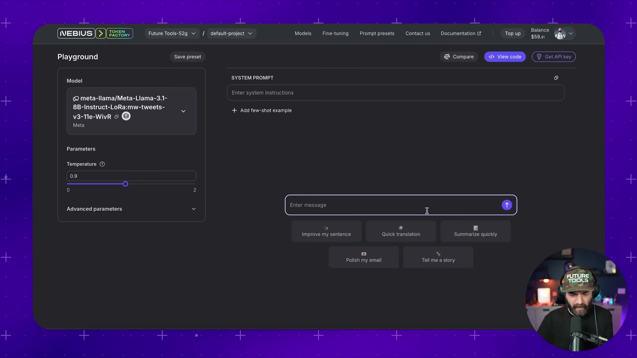Test output comparison showing fine-tuned model's response about AI and VR