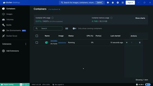 Docker Desktop UI showing a running container with logs and inspection tools