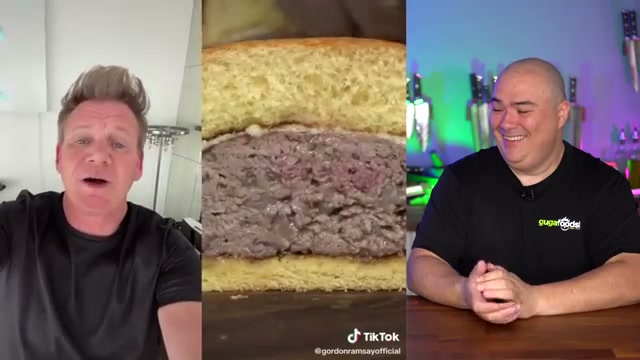 The burger cross-section reveal showing the ice/broth technique results - Gordon
