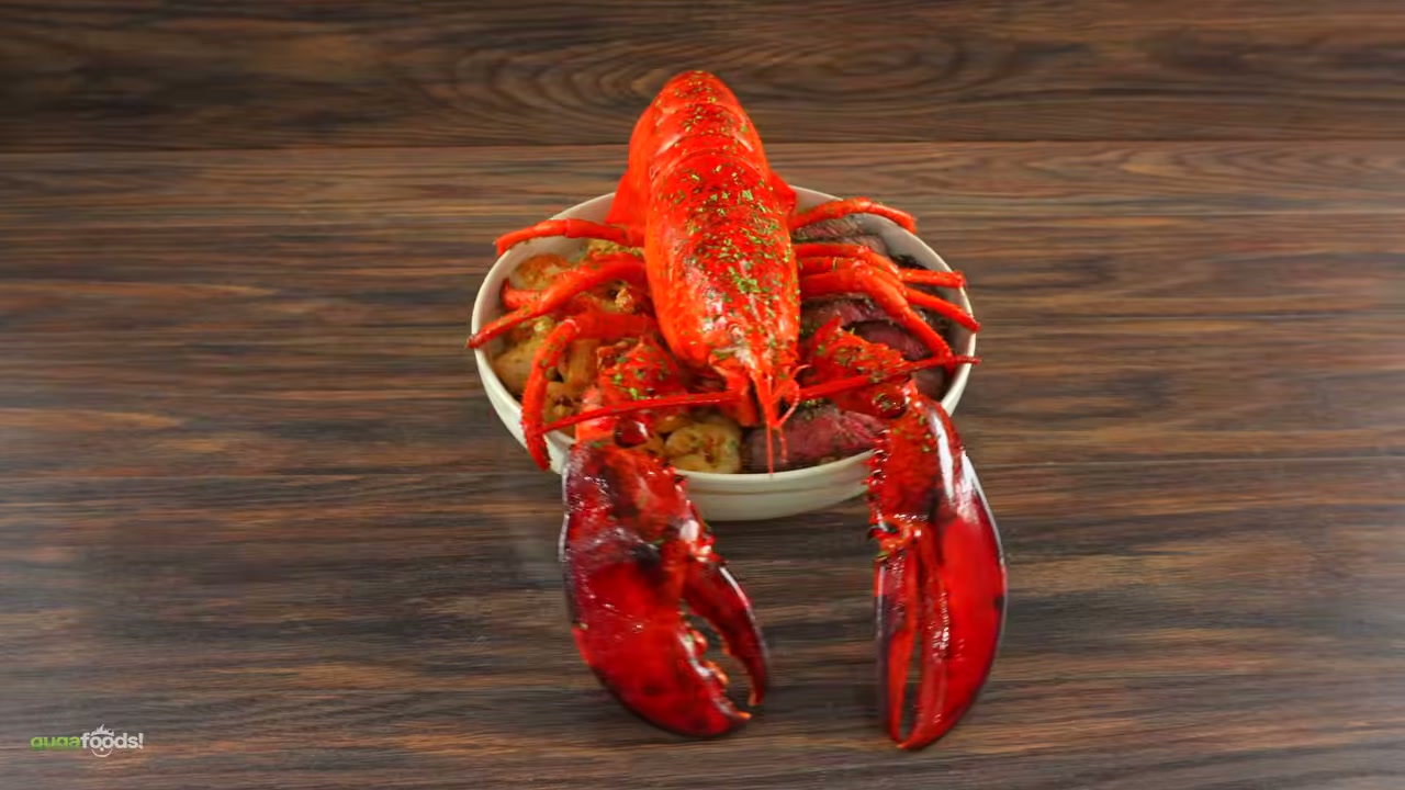 Reaction shot during surf and turf tasting ('all the way to heaven') - captures 