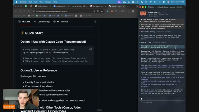 Claude Code terminal showing the full list of installed agent categories and div