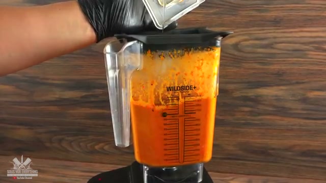 Sauce being emulsified in blender, the creamy peri-peri coming together is the v